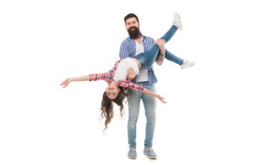 Father is daughters first love. Family love. Father holding little daughter in hands with love and care. Bearded father and small girl child sharing love.