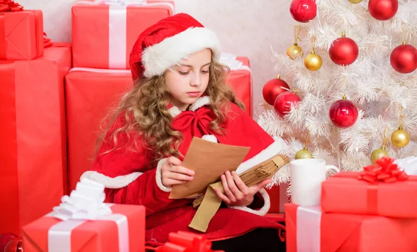 Girl Little Kid Hold Pen Paper Christmas Tree Writing Letter — 스톡 사진