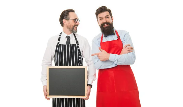 Menu Planning Happy Chef Team Apron Bearded Men Blackboard Copy — Fotografia de Stock