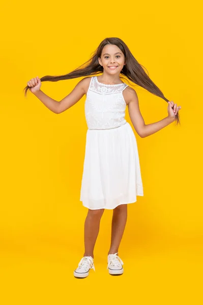 Cute Teen Girl Long Hair Standing Yellow Background —  Fotos de Stock