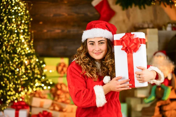Opening Christmas Present Santa Woman Feel Happiness New Year Girl —  Fotos de Stock