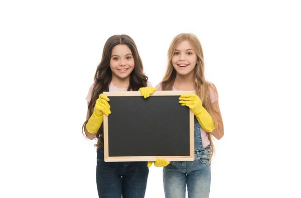 Kids Cleaning Together Girls Rubber Protective Gloves Ready Cleaning Household — Fotografia de Stock