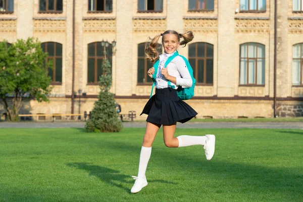 Happy Teen Girl Running School Energetic Schoolgirl Carrying School Bag — Zdjęcie stockowe