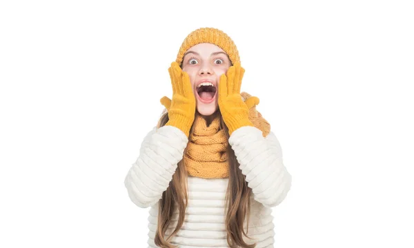 Surprised Teen Girl Knitted Hat Scarf Gloves Warm Clothes Isolated — Stockfoto