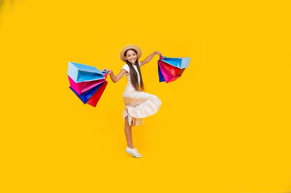 Happy Teen Girl Shopping Bags Yellow Background Full Length Cyber — Zdjęcie stockowe