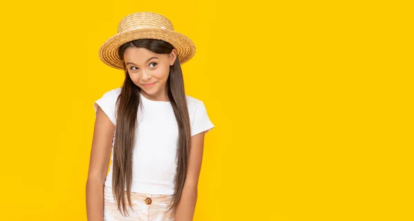 Cute Teen Girl Straw Hat Yellow Background Copy Space — Foto Stock