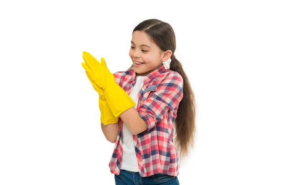 Girl Rubber Gloves Cleaning White Background Teach Kid Appreciate Cleanliness — Foto de Stock