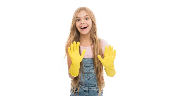 Happy Girl Wearing Rubber Gloves Housekeeping Isolated White Teen Girl — Photo