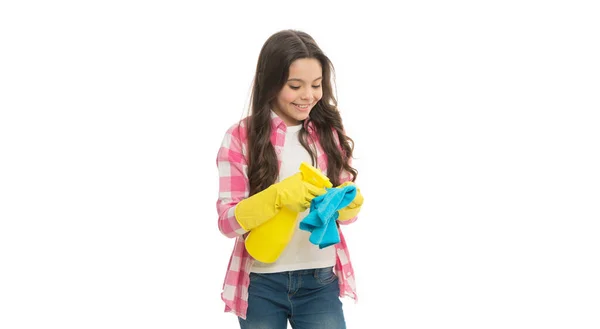 Happy Girl Spraying Spray Bottle Cleaning Cloth Yellow Gloves Isolated — Stockfoto