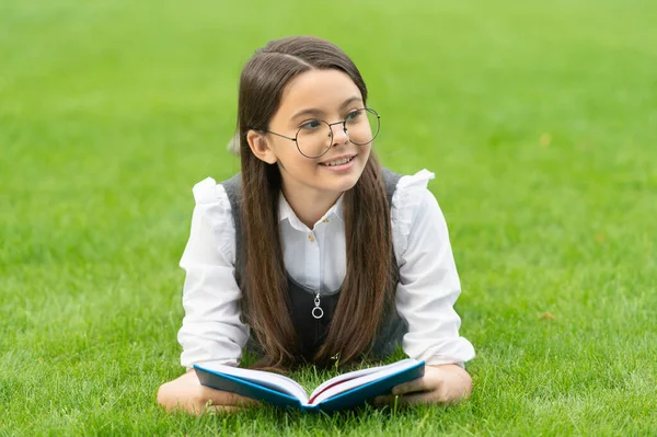 Portrait Happy Teen Girl Reading School Book Lying Grass Education — Stock Fotó