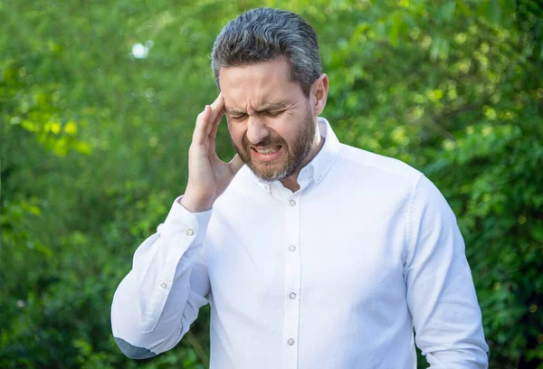 Stressed Professional Man Suffering Migraine Attack Natural Background Headache — Fotografia de Stock