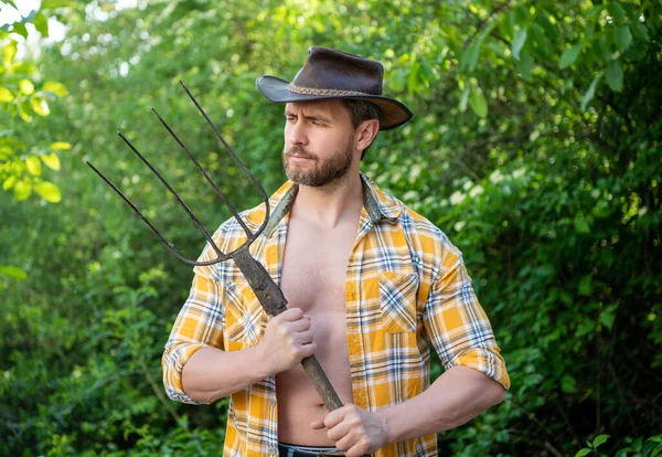 Seriös Man Som Håller Högaffeln Orakad Man Med Cowboyhatt Och — Stockfoto