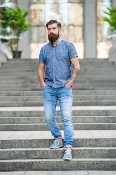 Bearded Man Walk Downstairs Full Length Man Beard Caucasian Man — Stock Photo, Image