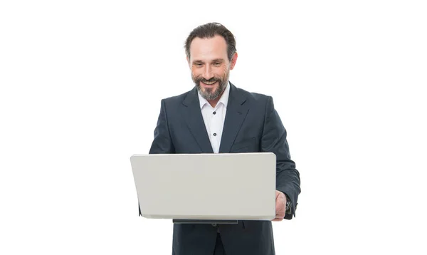 Szczęśliwy Człowiek Pracujący Studiu Laptopów Biznesmen Prowadzi Biznes Online Analityk — Zdjęcie stockowe