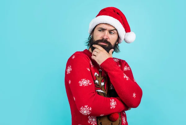 Happy Bearded Man Santa Claus Hat Sweater Celebrate Winter Holiday — Stock Photo, Image