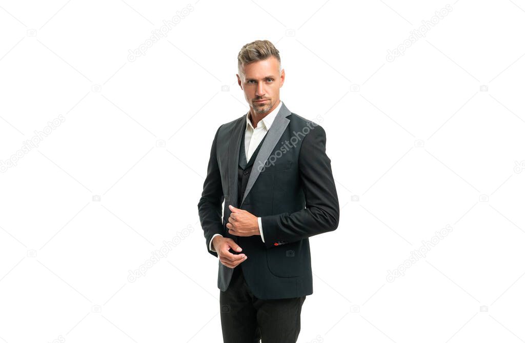 grizzled man businessman in formal tuxedo isolated on white.