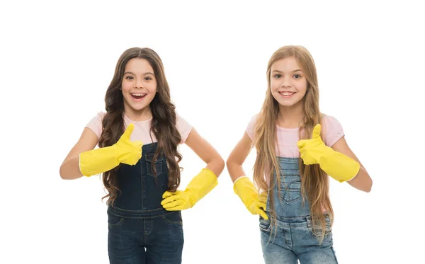 Kids Cleaning Together Girls Yellow Rubber Protective Gloves Ready Cleaning — 图库照片