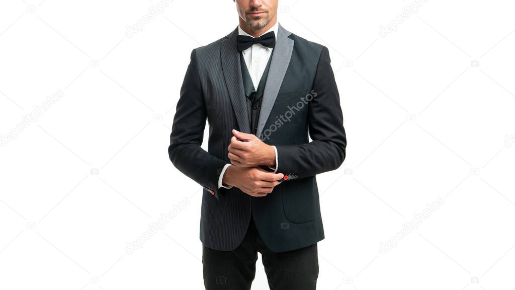cropped man in bow tie suit. businessman isolated on white. big boss in formal wear.