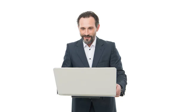 Homem Negócios Feliz Trabalhando Estúdio Laptop Empresário Gerir Negócios Online — Fotografia de Stock