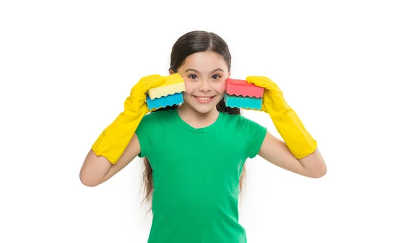 Tudo Deve Ser Perfeito Esponja Útil Para Limpeza Criança Feliz — Fotografia de Stock