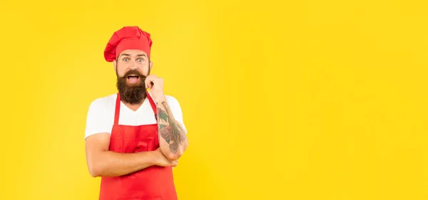 Surprised Man Red Toque Apron Twirling Moustache Yellow Background Copy — Stock Photo, Image