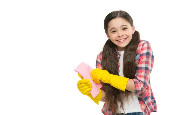 Yellow Glove Cleaning Duster Helpful Wiping Dust Happy Kid Use — Stock Photo, Image