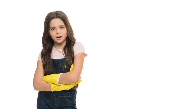Serious Girl Keeping Arms Crossed Rubber Gloves Studio Isolated White — Stock Photo, Image