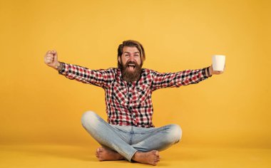 Vahşi sakallı adam kareli gömlek giyer sakallı ve bıyıklı sabah kahvesini fincandan içerek, mutluluk.