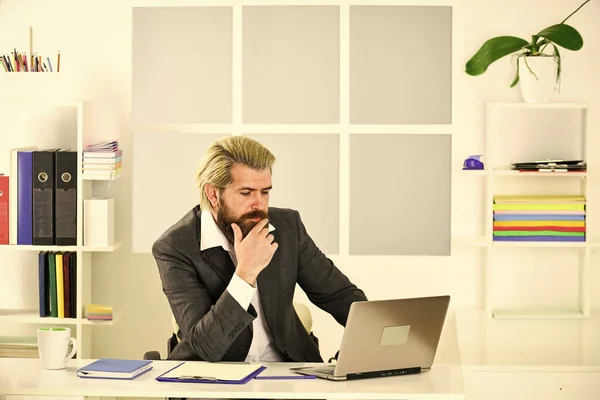 Manager solving business problems. Raising standards. Stock market. Office staff concept. Office routine. Businessman in charge of business solutions. Risky business. Man bearded boss sit with laptop.