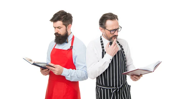 Wie Man Kocht Männer Bärtige Hipster Kochschürze Lesen Bücher Über — Stockfoto