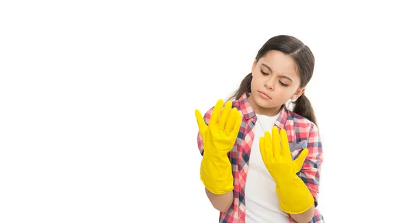 Mädchen Gummihandschuhe Zum Reinigen Des Weißen Hintergrunds Lehren Sie Kind — Stockfoto