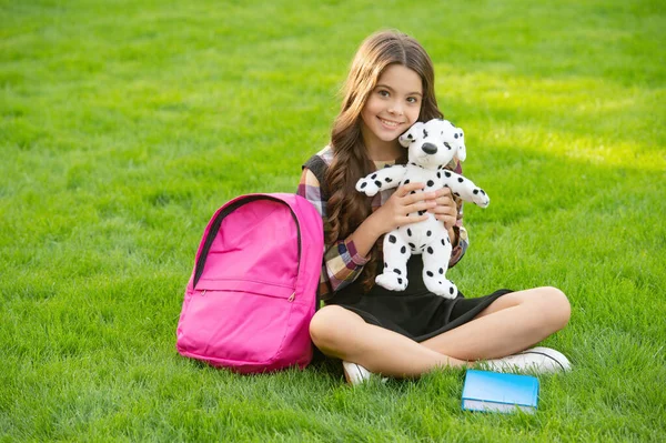 Happy Teenage Girl Cuddling Dog Toy Sitting Grass School Education Stock Image