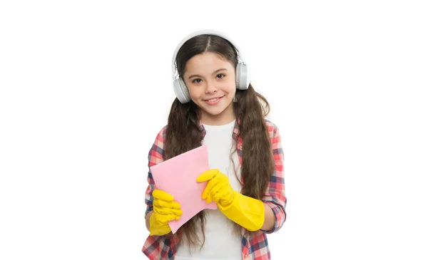 Child Use Duster Gloves Cleaning Cleanser Home Funny Girl Mopping — Stock Photo, Image