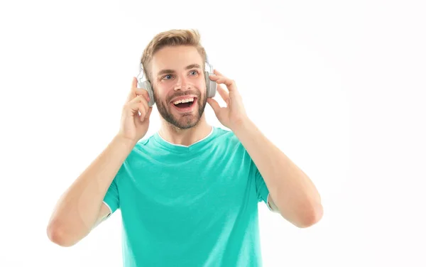 Excited Man Listening Music Looking Aside Isolated White Studio Carefree — Stock Photo, Image