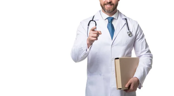 Medyk Wskazuje Palcem Widok Plonów Lekarz Białym Fartuchu Trzyma Teczkę — Zdjęcie stockowe