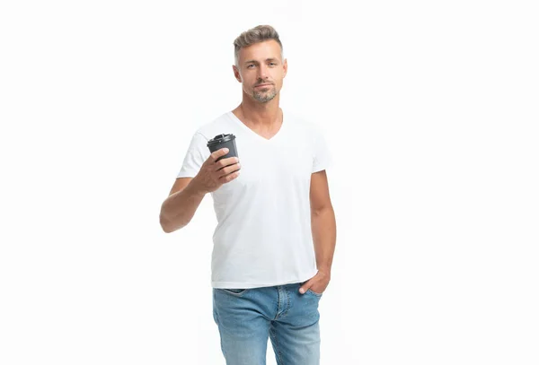 Homem Grisalho Segurando Café Manhã Isolado Branco Homem Bonito Com — Fotografia de Stock