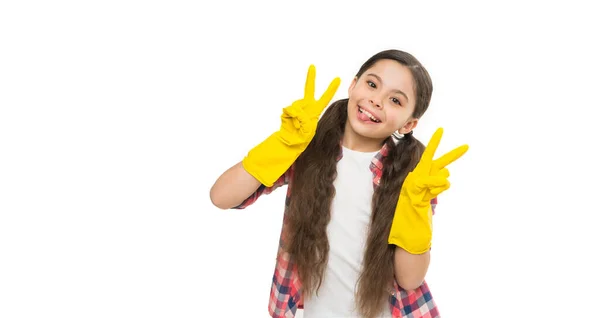 데쓰는 고무장갑 자녀에게 청결을 인식하도록 가르치 십시오 청소하는 날이라 부지런 — 스톡 사진