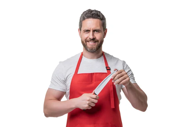 Chef Avental Vermelho Segurar Faca Isolada Fundo Branco — Fotografia de Stock