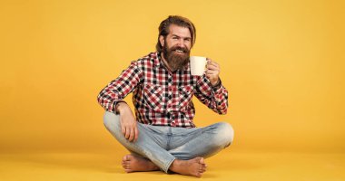 Kareli gömlekli, modaya uygun saç stili olan beyaz bir hippi sabah kahvesi ya da fincandan çay içer, ilham verir..