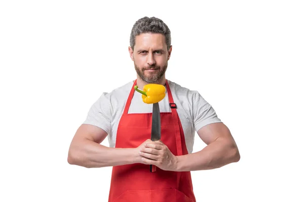Greengrocer Man Apron Sweet Pepper Vegetable Knife Isolated White — Stockfoto