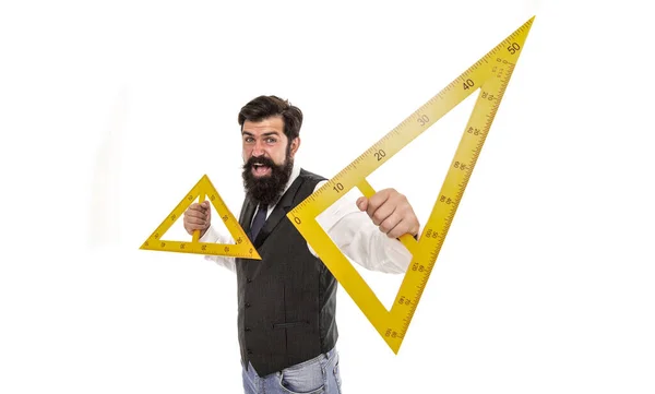アカデミー プログラム オンラインユニット 測定ツール 教員制度 学校教育 建築家教育 幾何学を教える 髭の男は支配者を使う 教育の概念 — ストック写真
