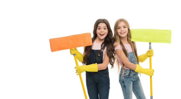 Cleaning Hygiene Little Girls Holding Floor Mops Tools Hygiene Home — Stock Photo, Image