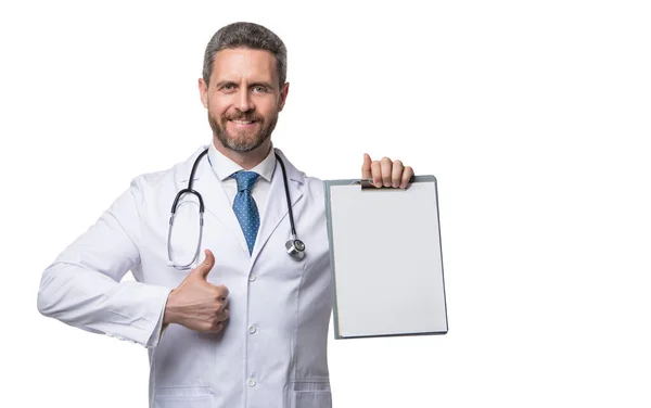 Smiling Doctor Showing Clinical Record Doctor Isolated White Clinical Record — Stock Photo, Image