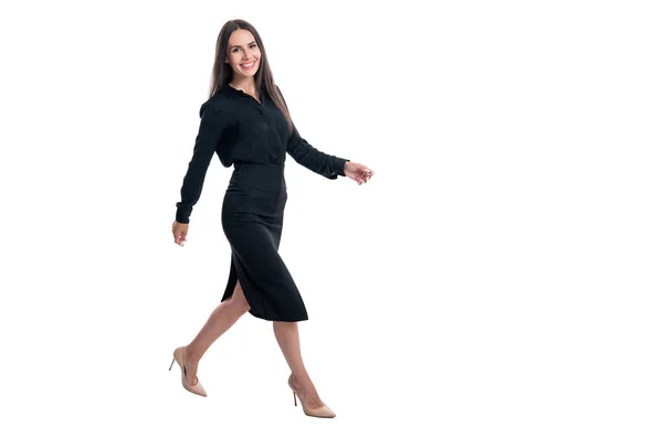 Mujer Feliz Ceo Caminar Aislado Sobre Fondo Blanco Mujer Caucásica —  Fotos de Stock