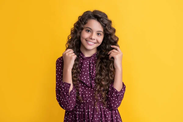 Happy Child Long Brunette Frizz Hair Yellow Background — Photo