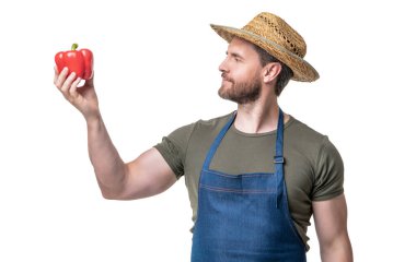 Önlüklü, şapkalı, olgun, tatlı biberli, beyaz tenli bir adam..