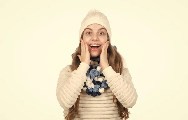 Amazed Kid Knitted Hat Scarf Warm Clothes Isolated White Knitwear — Stock Photo, Image