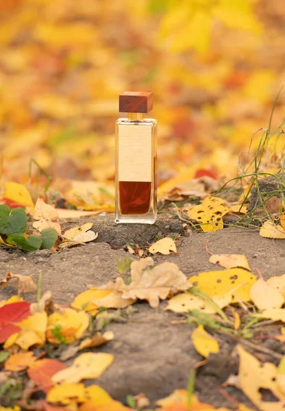scented perfume bottle. presenting perfume bottle on autumn background. presenting beauty product of perfume, copy space.