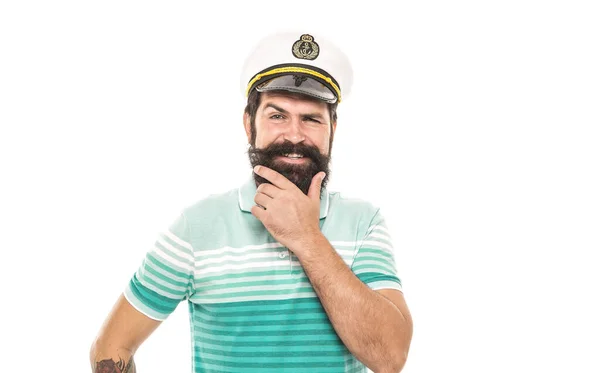 Man Vrolijke Kapitein Matroos Hoed Reis Rond Wereld Reizen Zee — Stockfoto