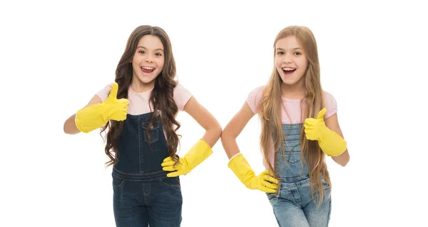 Thumbs Work House Happy Small Cleaners Enjoy Doing Cleaning Work — Stock Photo, Image